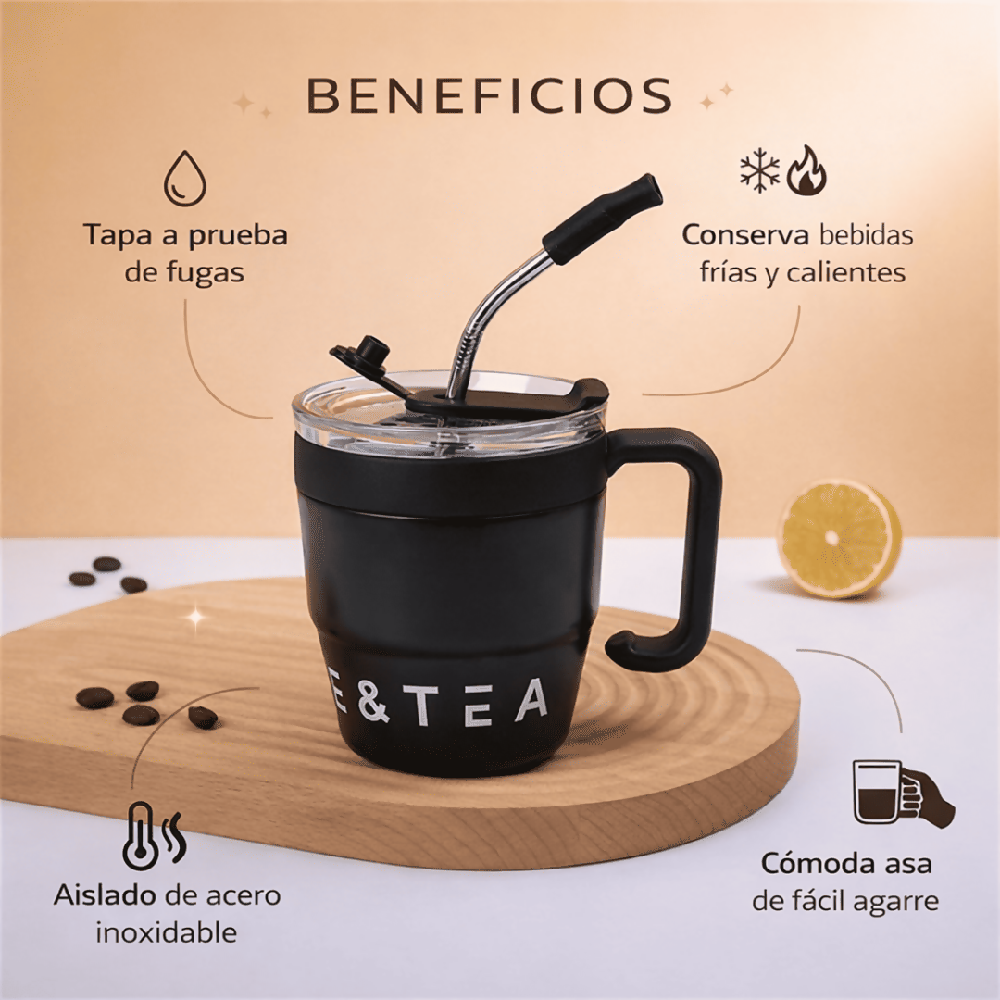 Mug Térmico 480ml Acero Inoxidable con Tapa y Manija para Café y Té
