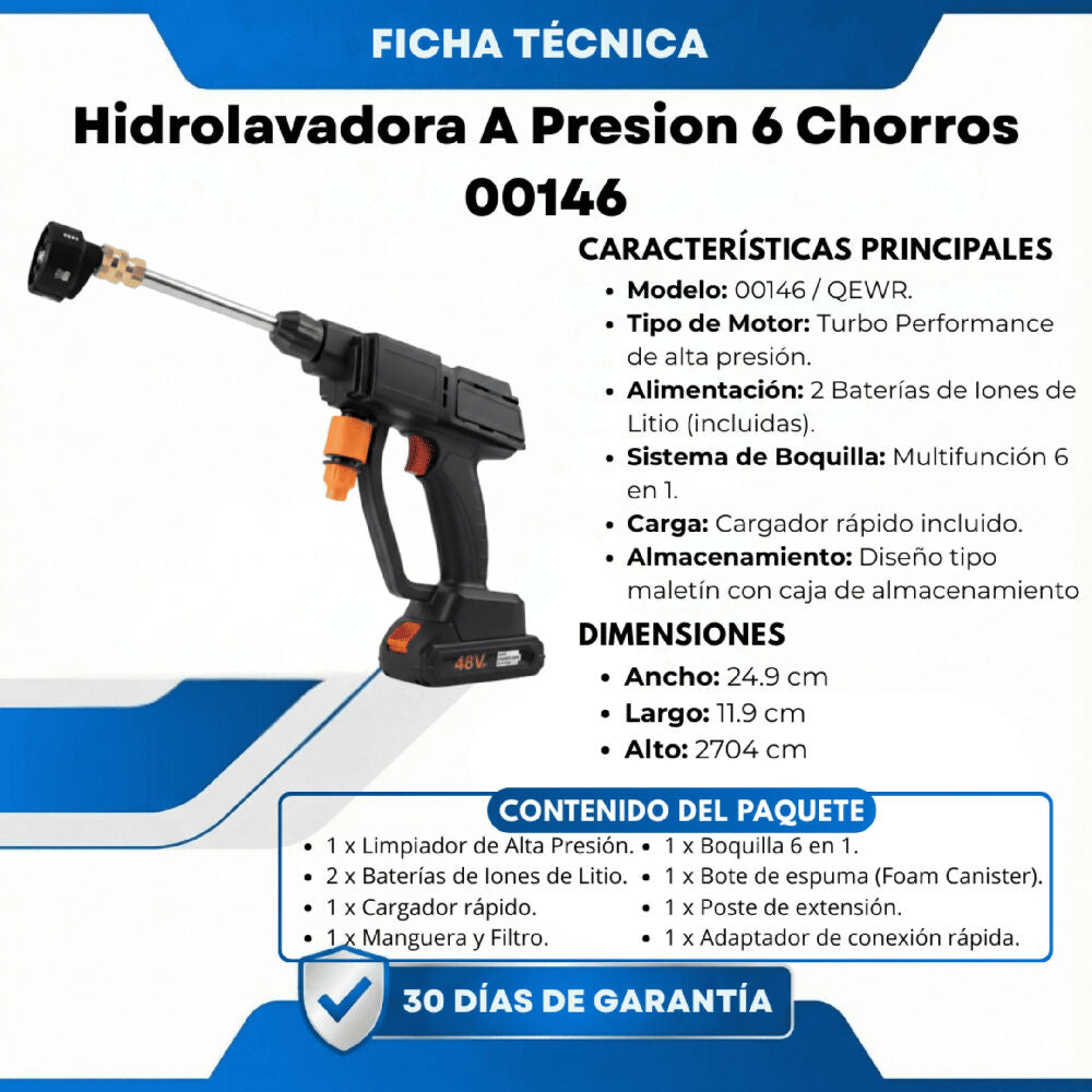 Hidrolavadora A Presión Portátil Inalámbrica 00146 Con Boquilla De 6 Chorros Ajustables