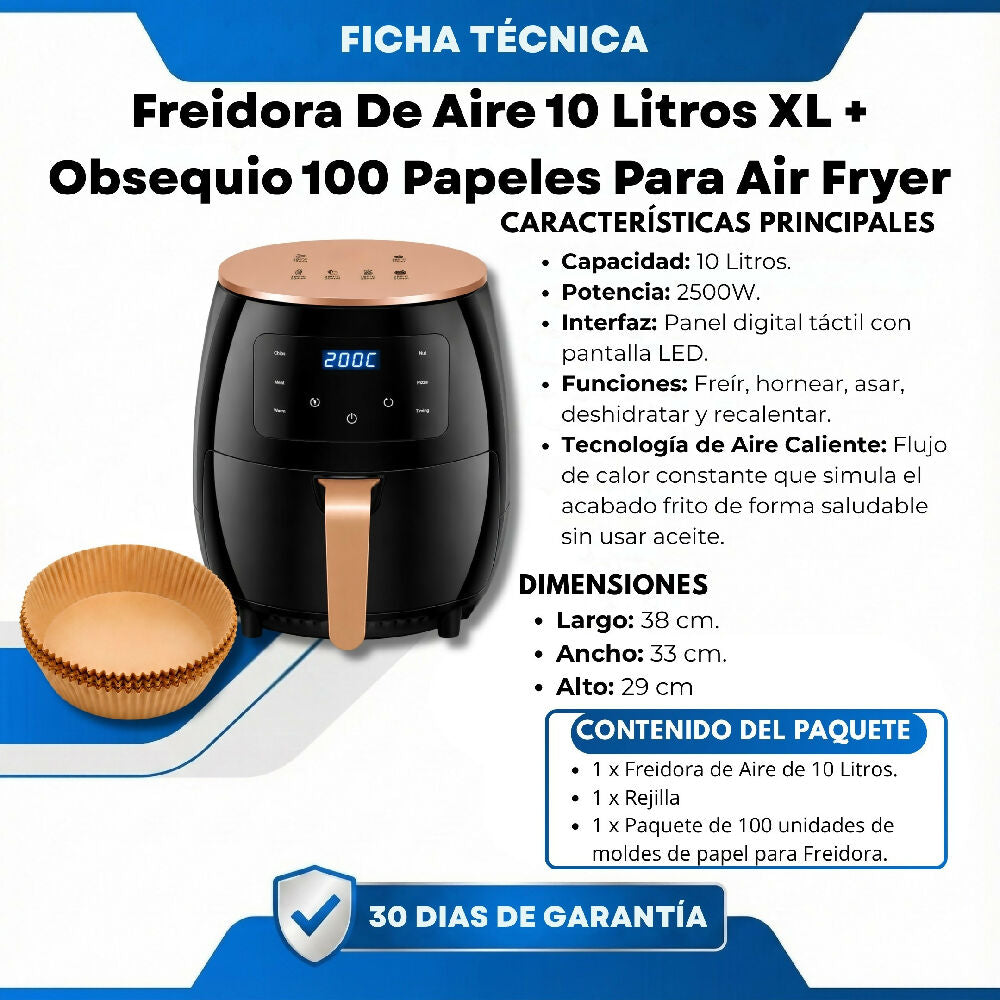 Freidora De Aire 10 Litros XL + Obsequio 100 Papeles Para Air Fryer