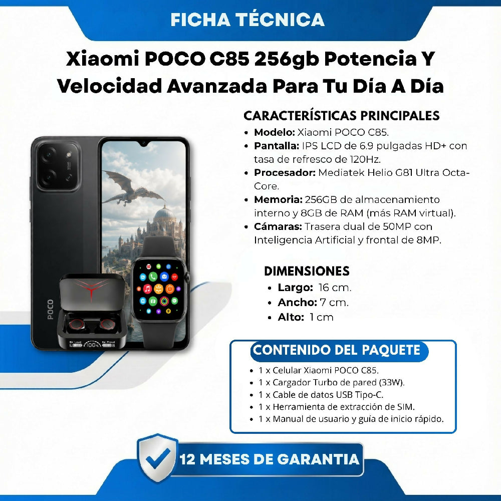 Celular Xiaomi POCO C85 256gb 8gb Ram Negro Obsequio Incluido