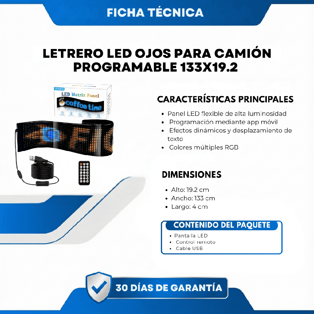 Letrero LED Ojos Para Camión Programable 133x19.2 Cm Pantalla LED Animada Con Control Y Efectos
