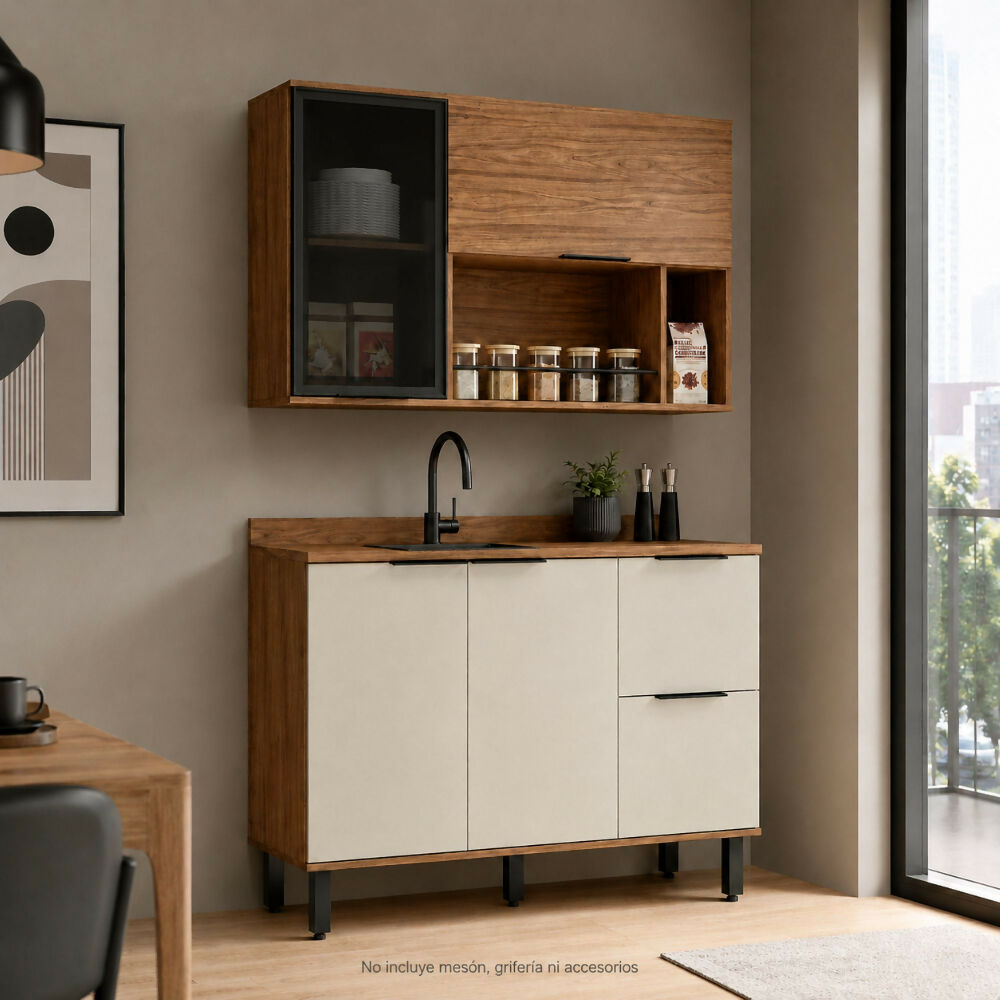 Cocina 120 cm Malta 3 Puertas 2 Cajones - Natural/Blanco Apagado