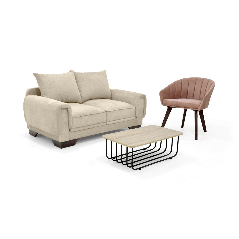Set de Sala con Sofa Daytona 2 Puestos Tela Beige con Poltrona Shanghai Tela Salmon y Mesa Centro Lema