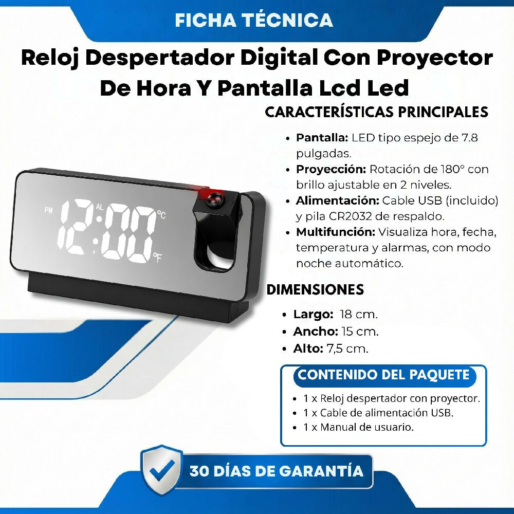 Reloj Despertador Digital Con Proyector De Hora Y Pantalla Lcd Led