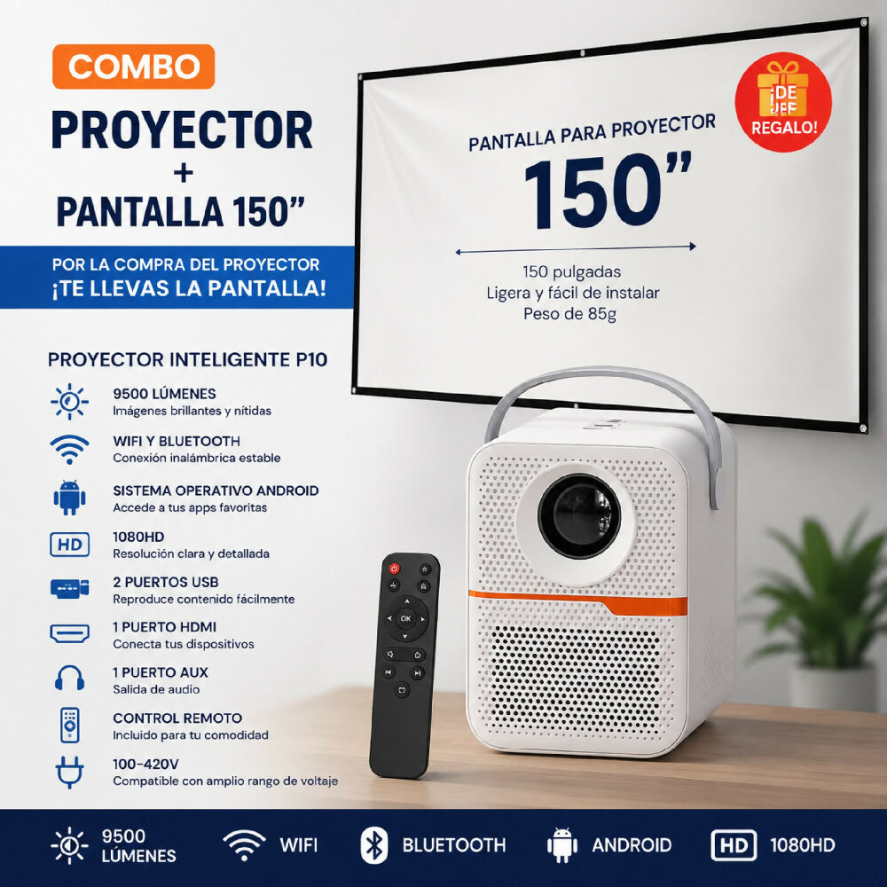Proyector Inteligente P10 Y Obsequio Pantalla Gigante De 150 Pulgadas