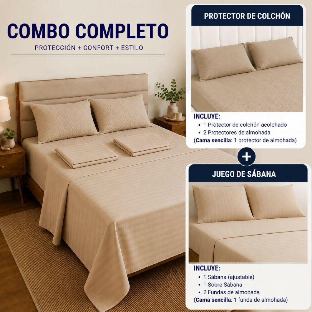 Combo protector colchon + Juego de sábanas semidoble beige