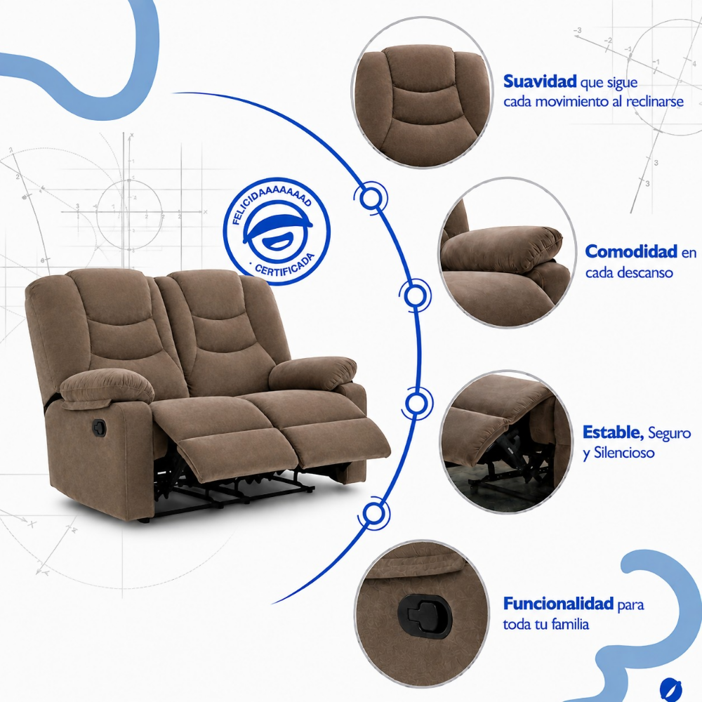 Sofá Reclinable De 2 Puestos Color Café Kalerin Premium