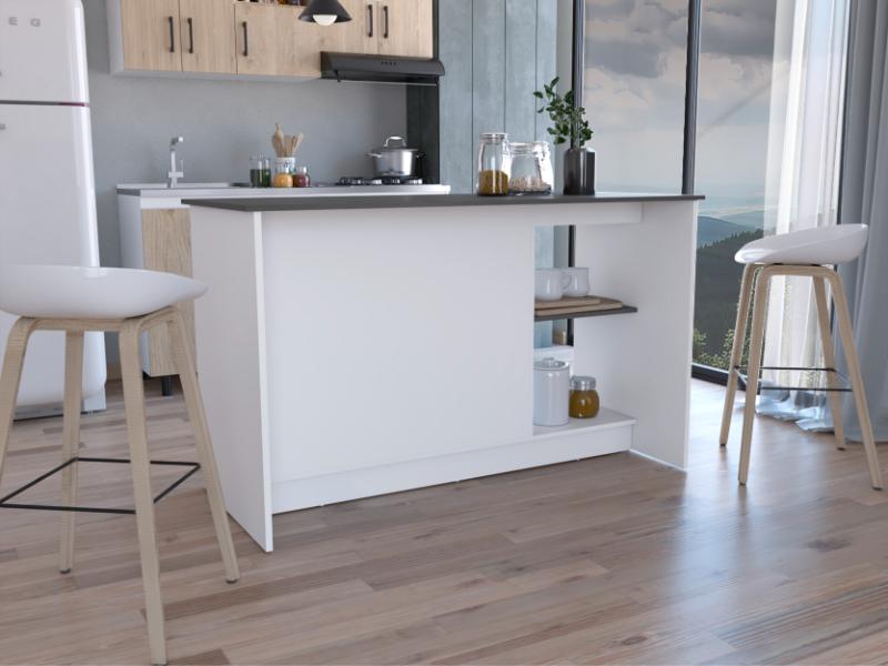 Barra de Cocina Samara, Blanco y Piedra, con Tres Entrepaños