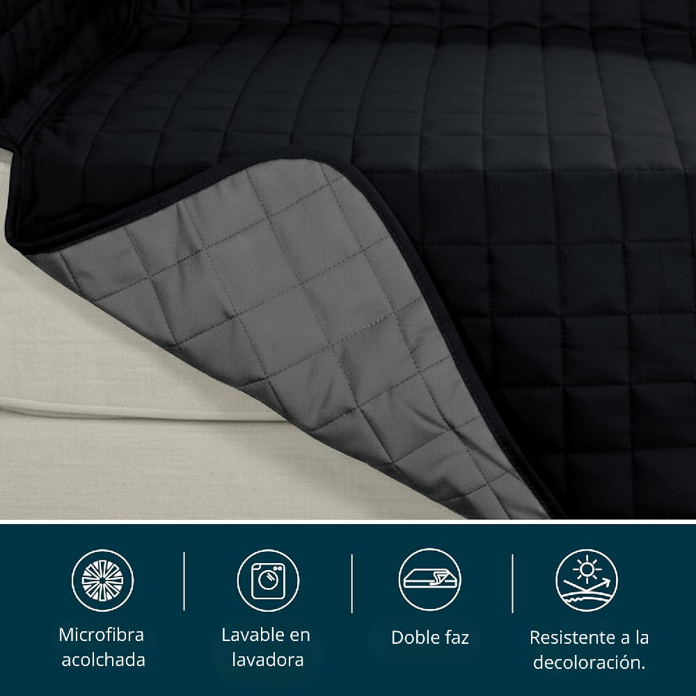 Protector de Sofá 1 Puesto Acolchado Doble Faz Unicolor Negro y Gris
