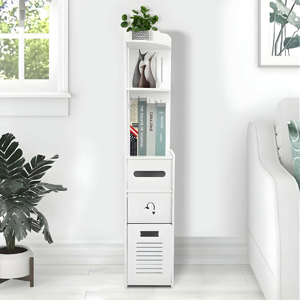 Organizador De Baño Vertical 120 Cm Con Estantes Y Cajón Mueble Slim Multifuncional Para Espacios Pequeños Color Blanco