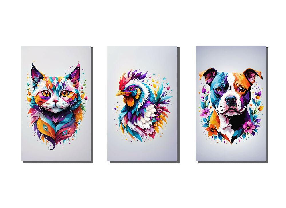 Lienzo Tríptico Arte Pop Animales A Color Set X 3 de 60x43cm c/u