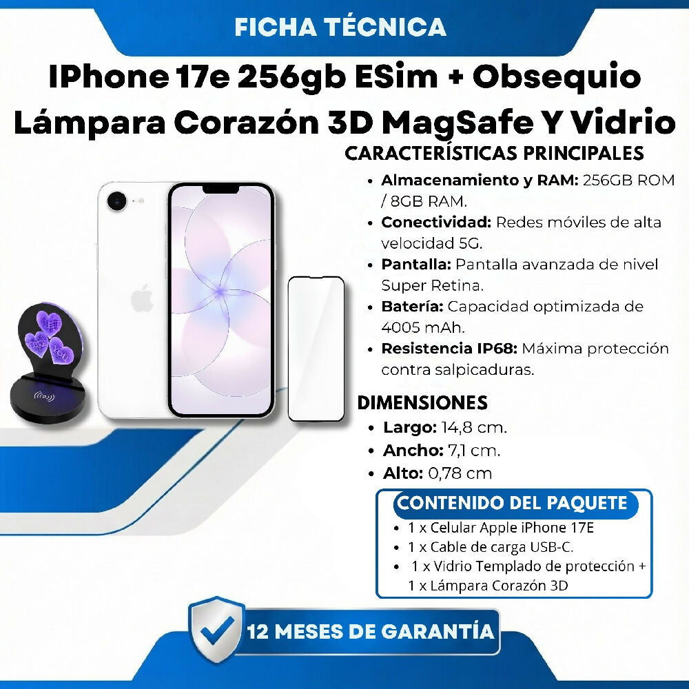 Celular Apple IPhone 17e 256gb ESim + Obsequio Lámpara Corazón 3D MagSafe Y Vidrio Blanco