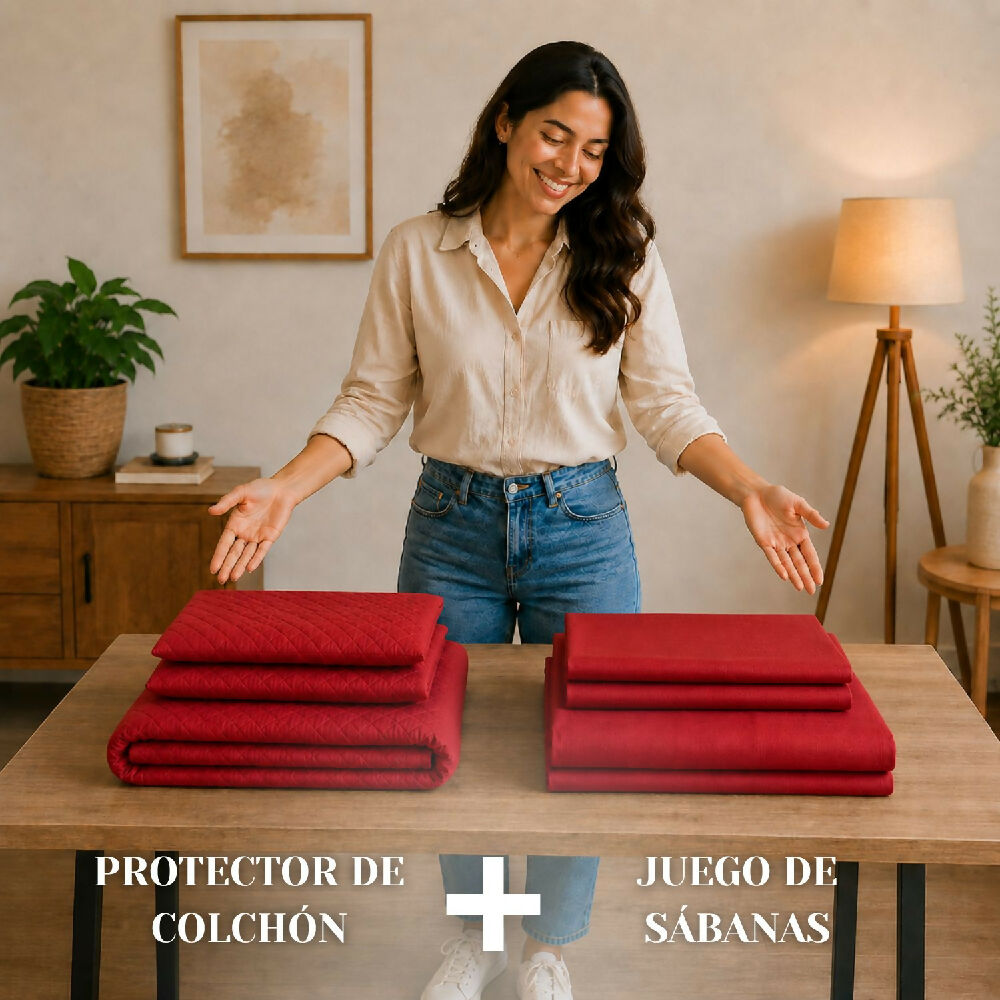 Combo protector colchon + Juego de sábanas doble rojo