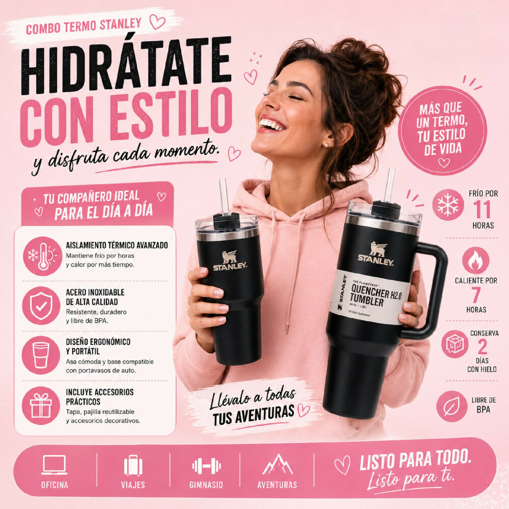 Combo Dúo Termo Stanley De Alta Resistencia Con Accesorios Sorpresa Negro
