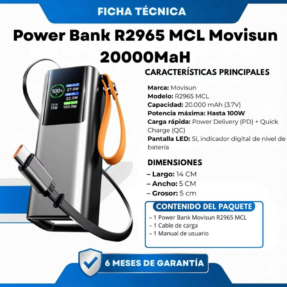 Power Bank R2965 MCL Movisun 20000MaH Diseño De Alta Resistencia