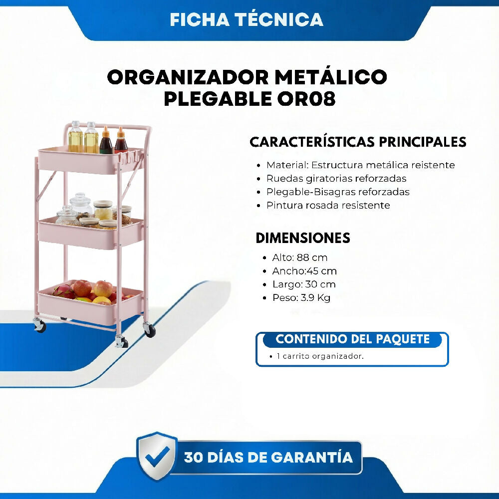 Organizador Metálico Plegable OR08 Con Ruedas Carrito Multiusos De 3 Niveles Para Cocina Y Hogar