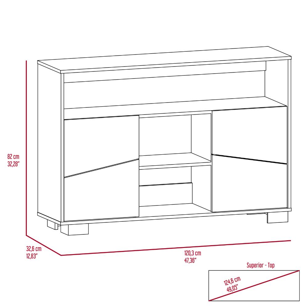 Mesa Auxiliar Recibidor Orus, Caoba y Miel, con Cuatro Puertas y Patas de Acero