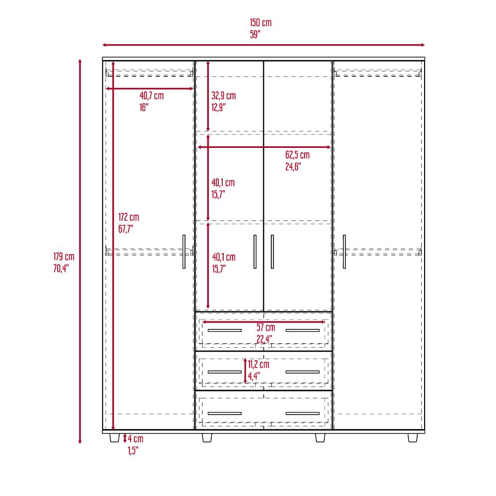Closet Fontana, Avellana y Blanco, con Cuatro Puertas Abatibles y Tres Cajones Organizadores