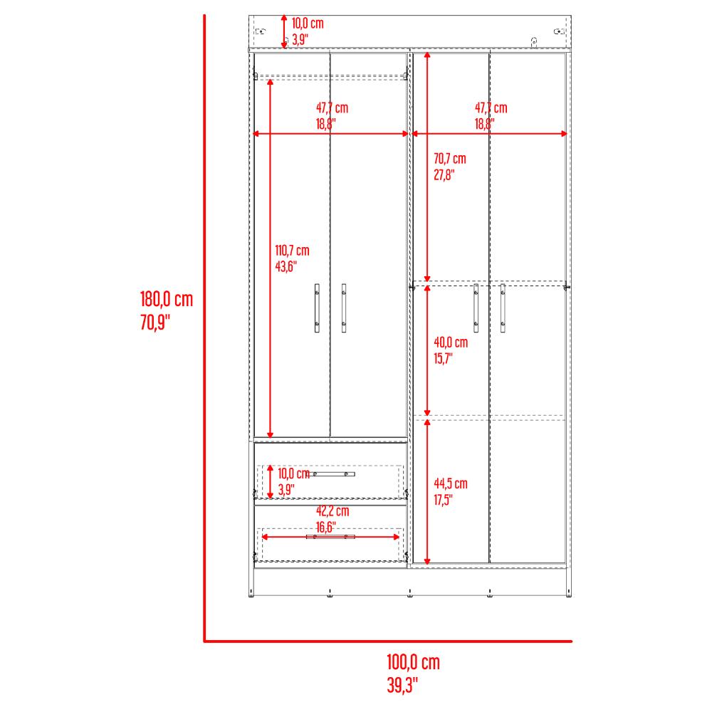 Closet Houston, Cartagena y Wengue , Con cuatro puertas batientes y dos cajones con amplio espacio de almacenamiento