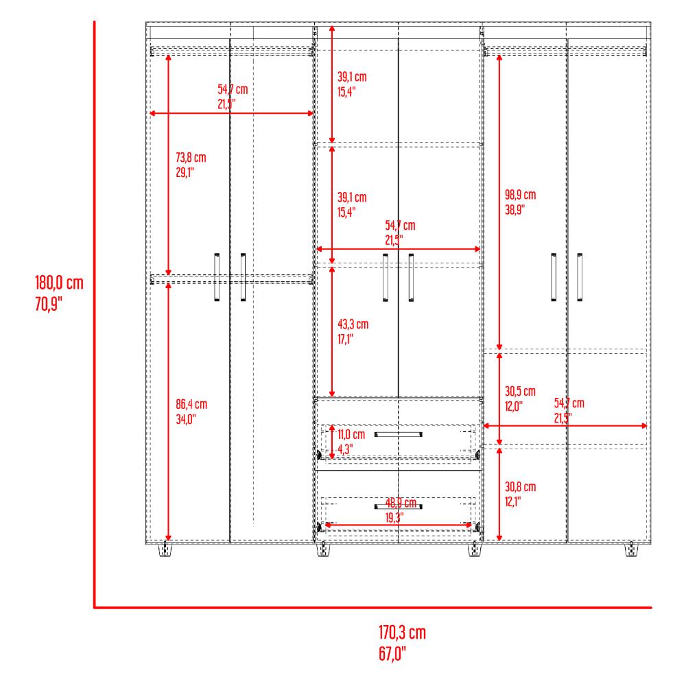 Closet Bariloche Bombay, Positano y Blanco Vainilla, Variedad de Entrepaños y Seis Puertas Abatibles