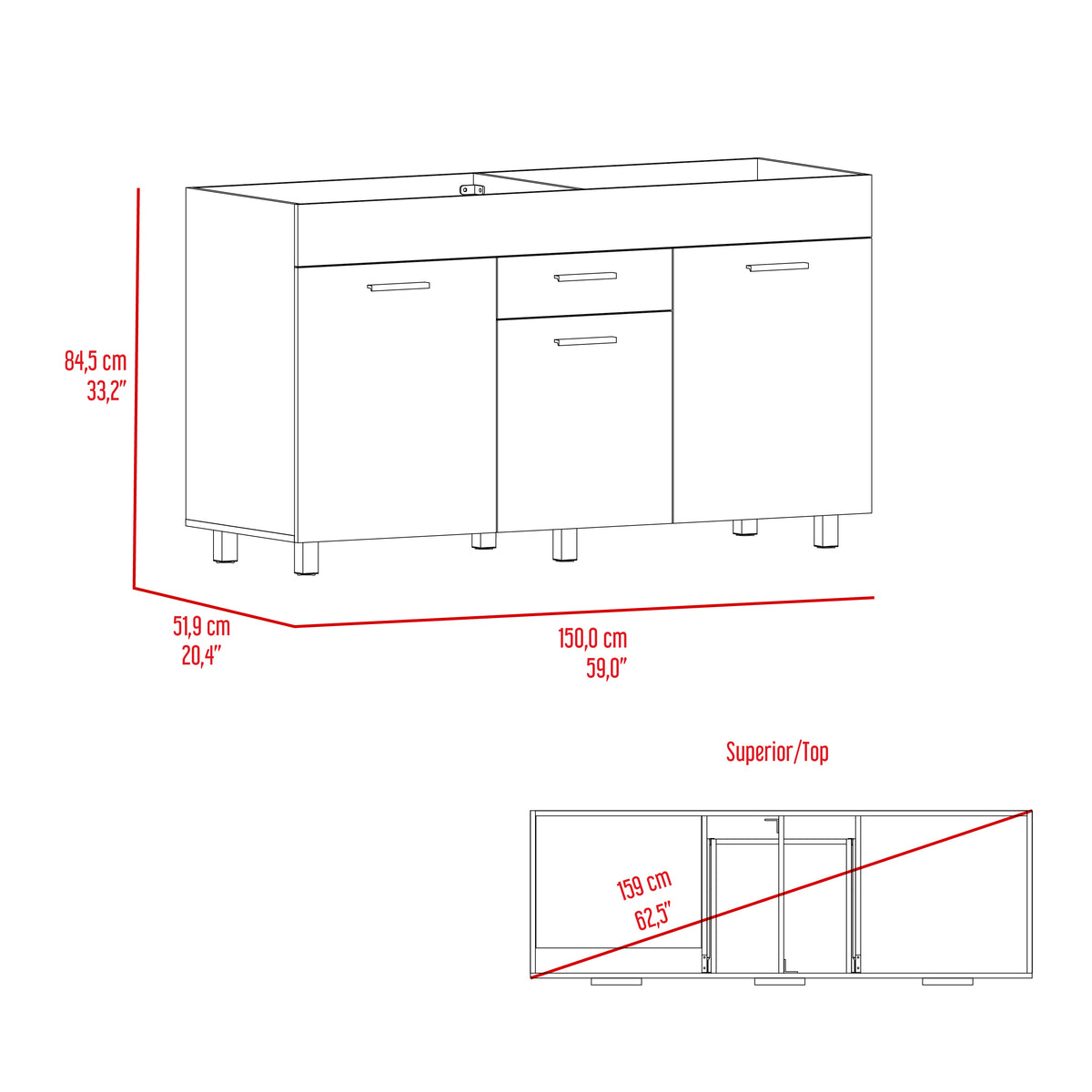 Gabinete Inferior de Cocina Rosa 150, Wengue y Positano, Con entrepaño Movil, No Incluye Mesón