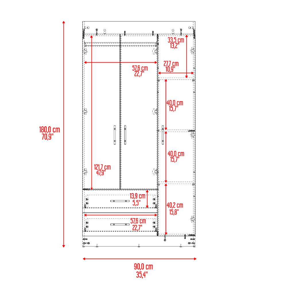 Closet Houston, Blanco Duqueza, Con Tres Puertas Batientes y Dos Cajones Con Amplio Espacio De Almacenamiento