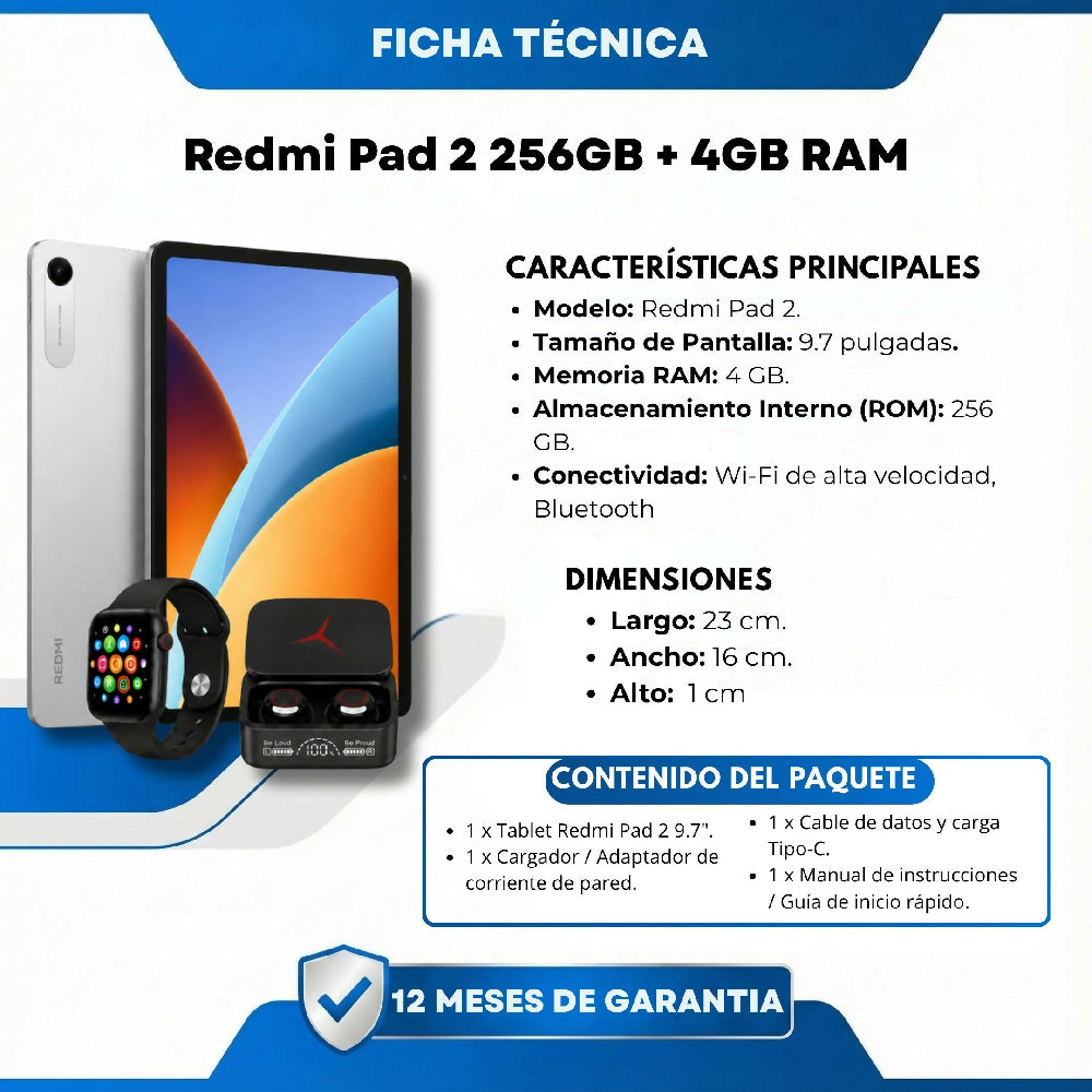 Tablet Redmi Pad 2 Wi-Fi 256GB 8GB RAM + Obsequios Audífonos Y Smartwatch Gris