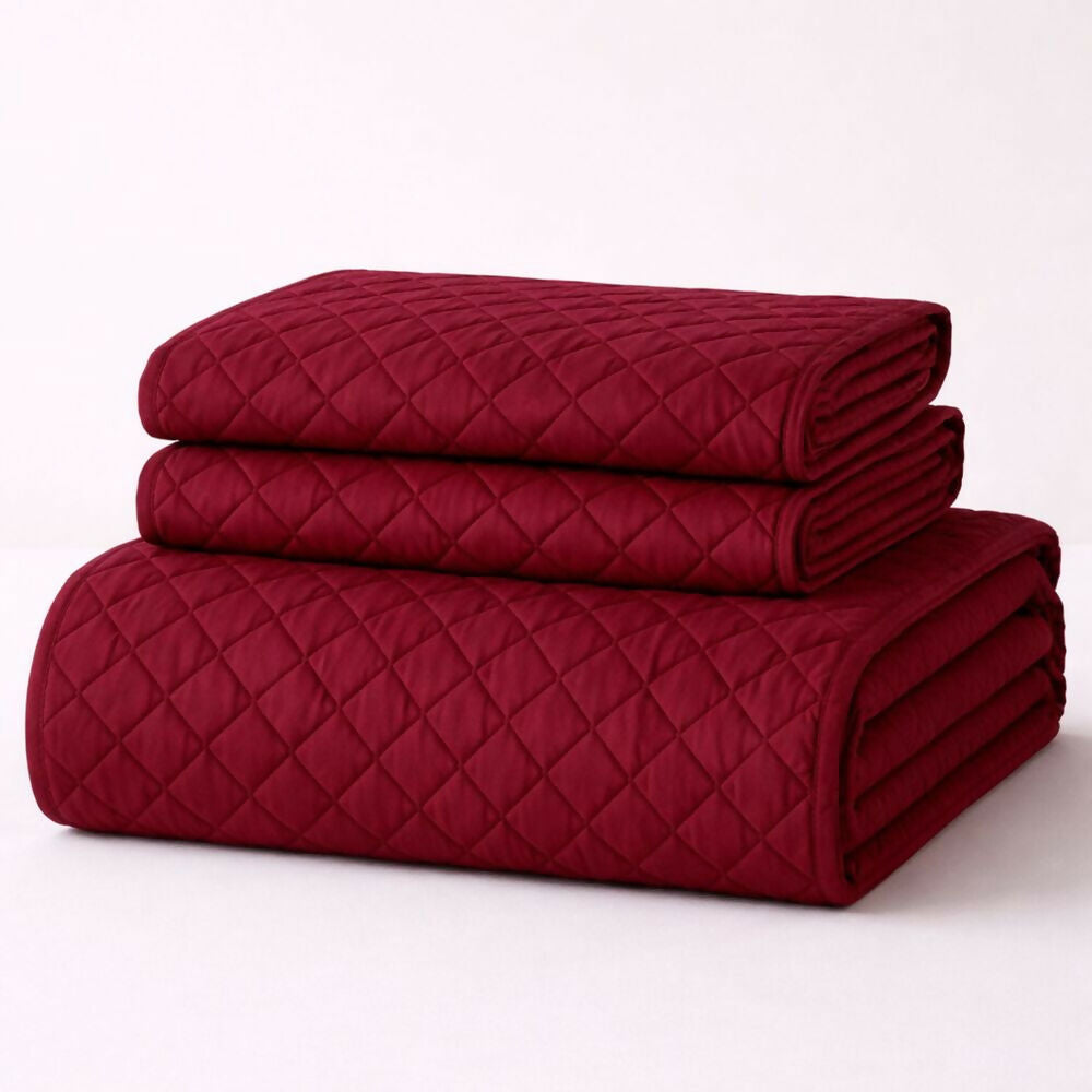 Colcha semidoble doble faz vino tinto camel