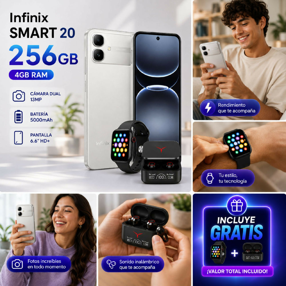 Celular Infinix Smart 20 256GB 4GB RAM Blanco + Audífonos Y Reloj Obsequio