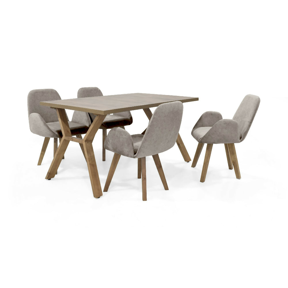 Set de Comedor Nara Macula con 4 Sillas Mao Tela Plata Matiz Caoba