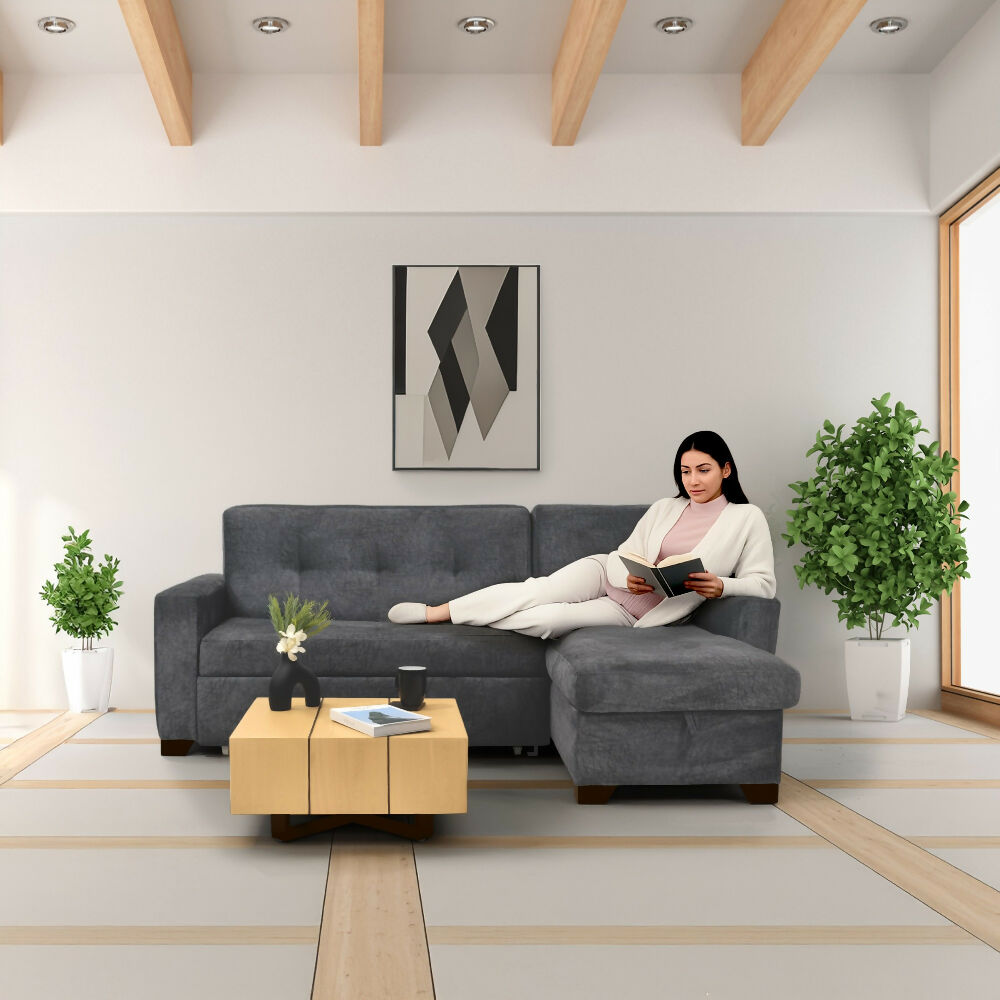 Sala en L con Baul Atlas Reclinable Gris y Mesa de Centro Veracruz Miel