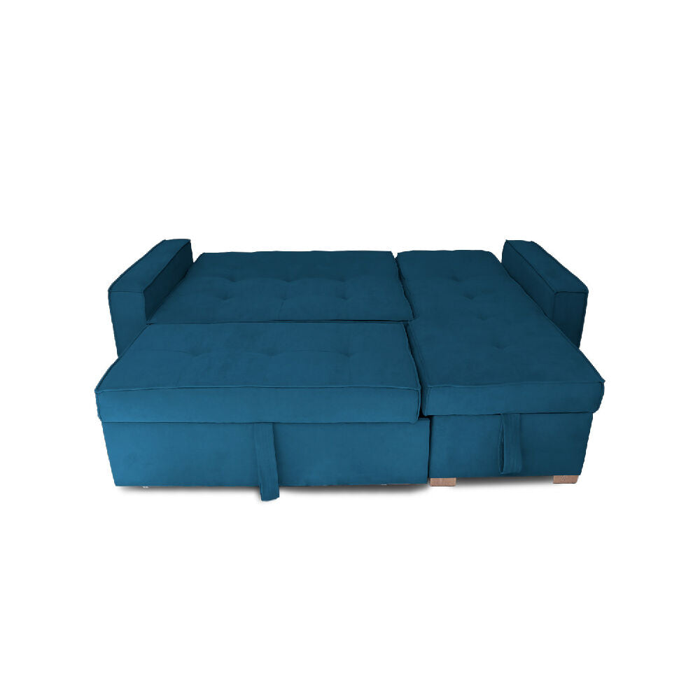 Esquinero Baúl Marsella Multifuncional Reclinable Derecho Azul Petróleo + Cojines Decorativos