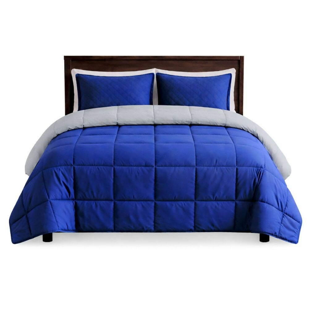 Edredon cubrelecho queen doble faz azul gris