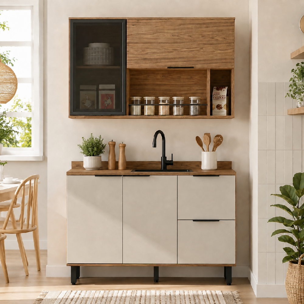 Cocina 120 cm Malta 3 Puertas 2 Cajones - Natural/Blanco Apagado