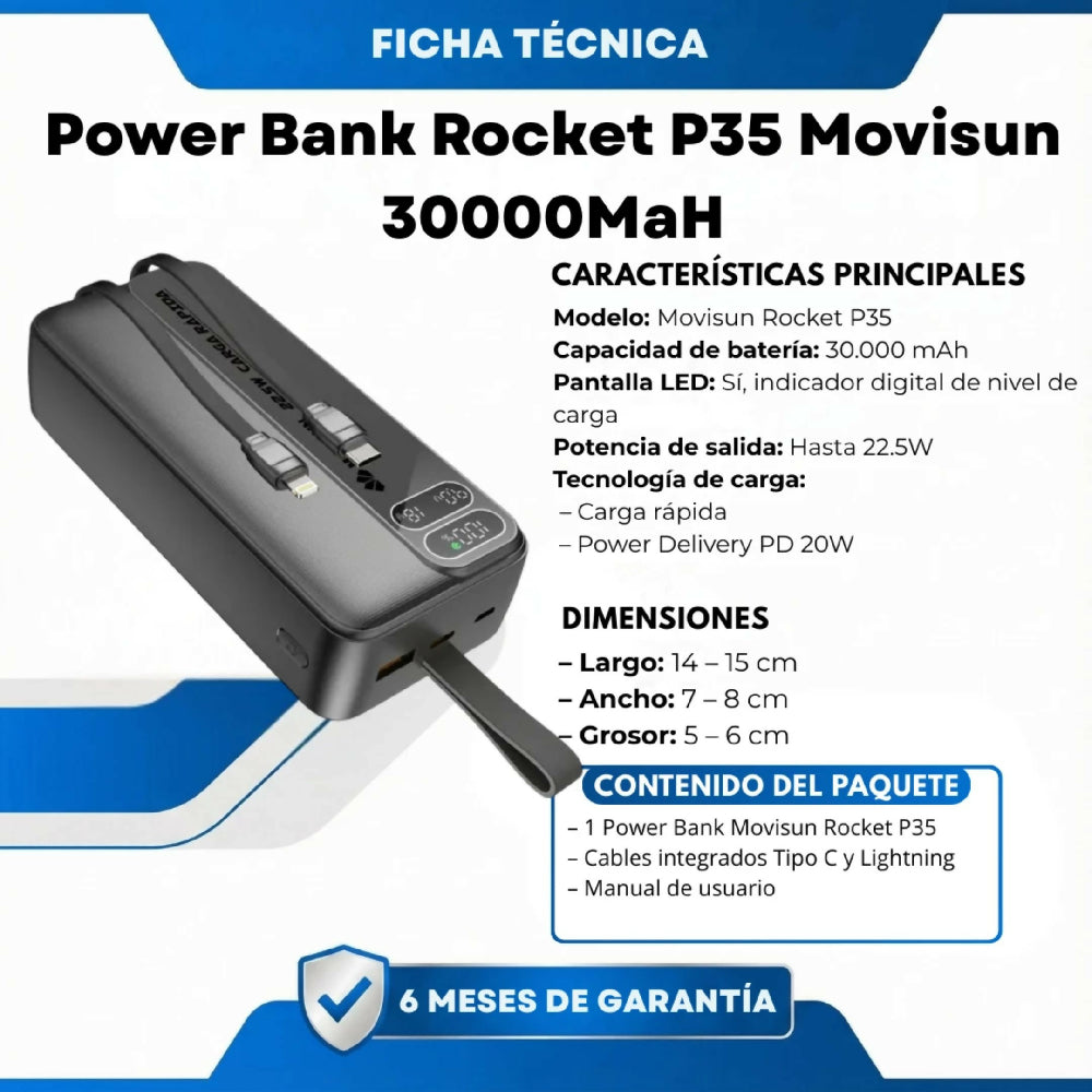 Power Bank Rocket P35 Movisun 30000MaH De Gran Capacidad