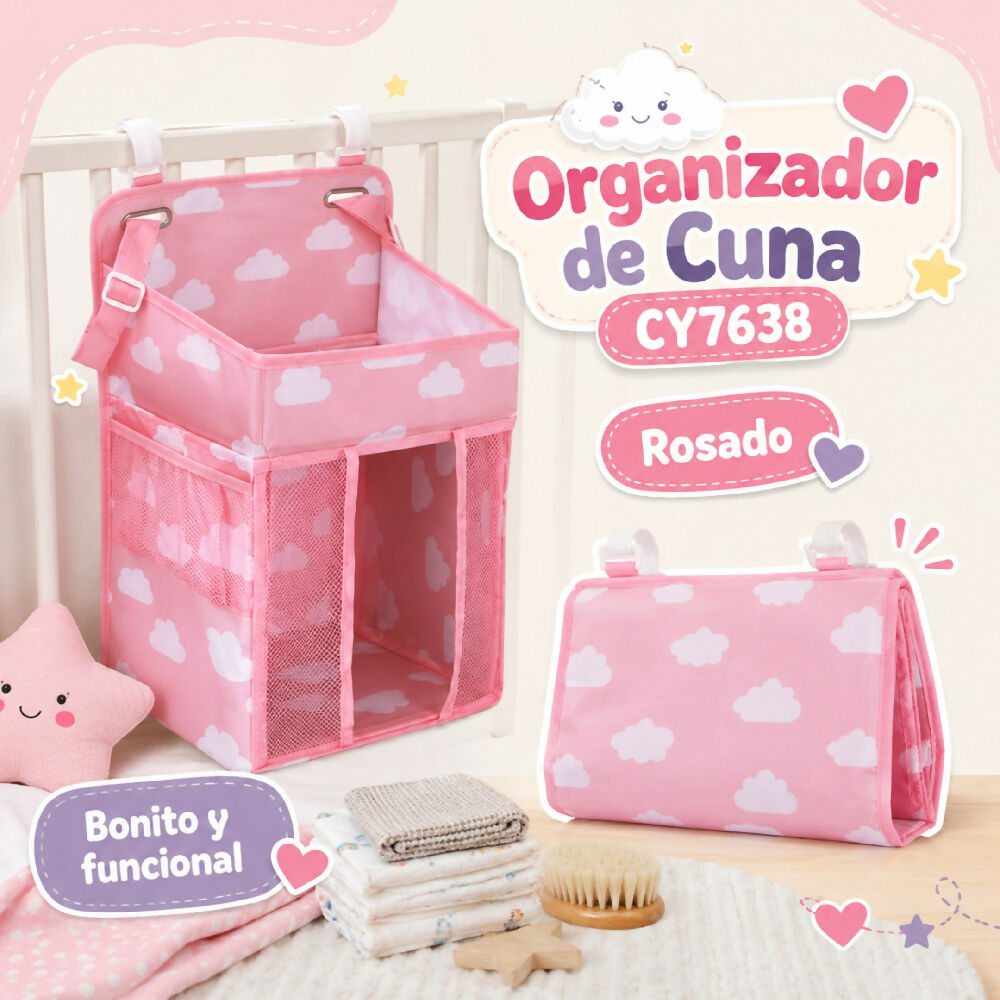 Organizador Colgante Para Cuna CY7638 Rosado Con Compartimentos Y Ganchos De Sujeción
