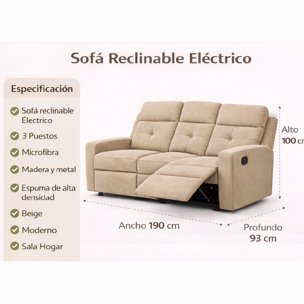Sofa Reclinable Electrico 3 Puestos Tacio Khaki