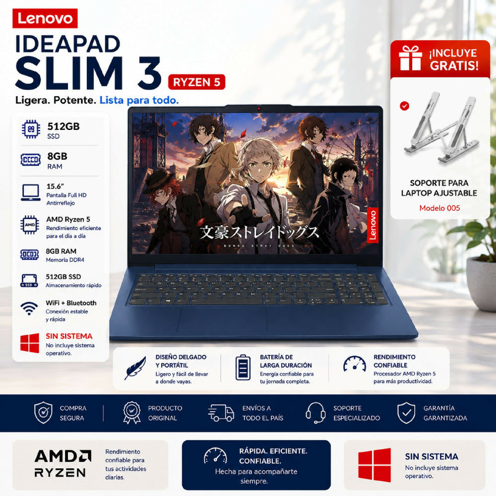 Portátil Lenovo Slim 3 Ryzen 5 512gb Ssd 8gb Ram Sin Sistema Con Obsequio