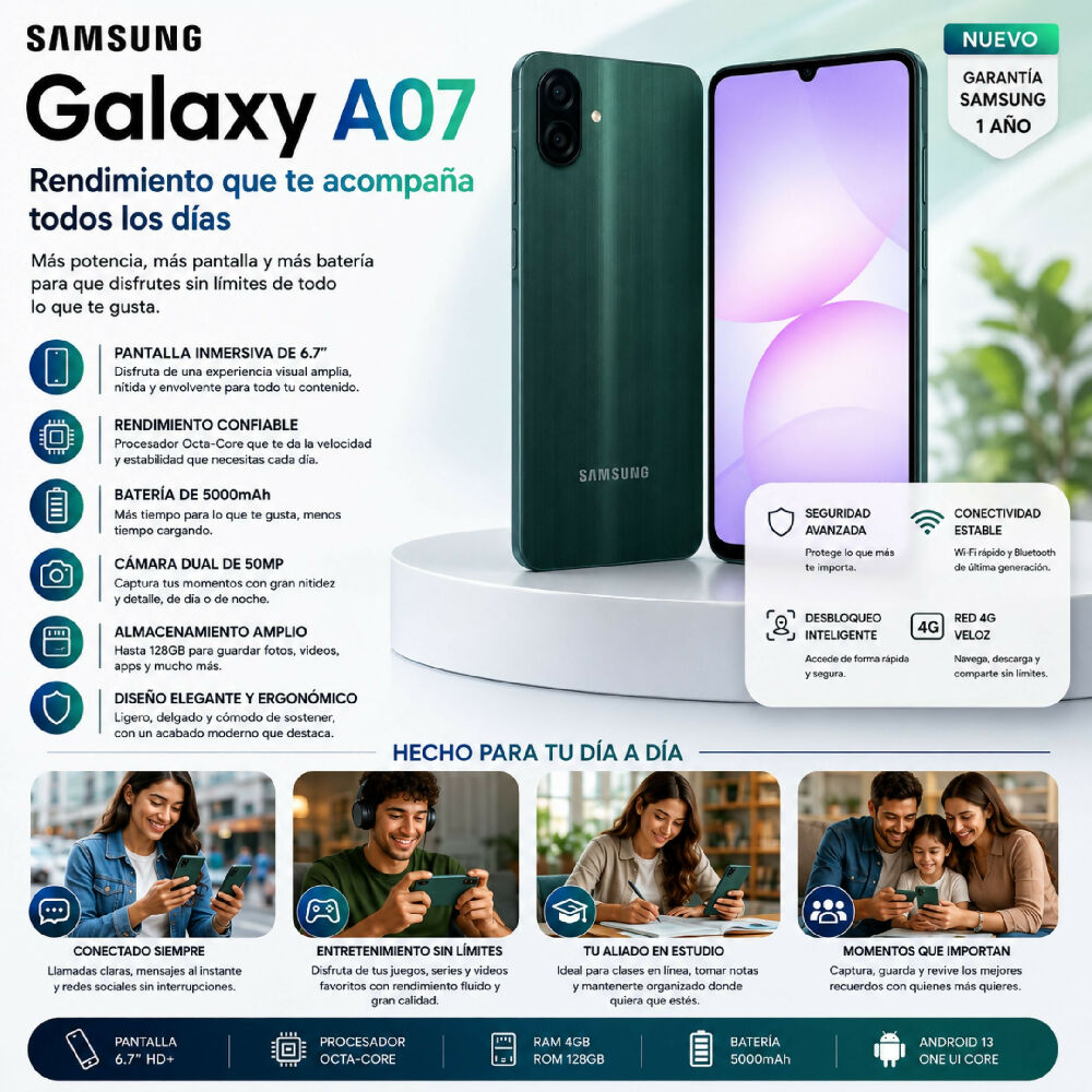 Celular Samsung Galaxy A07 128GB Almacenamiento 6GB RAM Smartphone Verde
