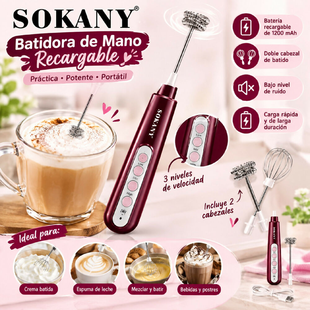Minibatidora Portátil Recargable Sokany SK-02014 Con Accesorios Rojo