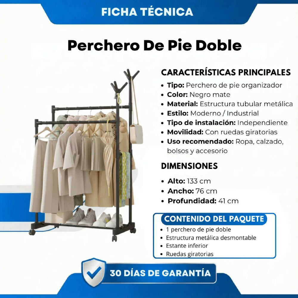 Perchero De Pie Doble Para Entrada Y Oficina Con Acabado Antióxido