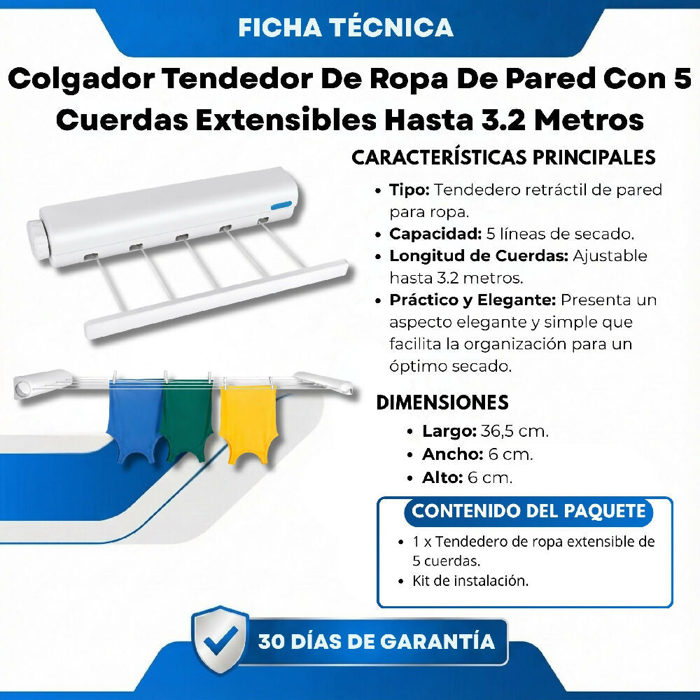 Colgador Tendedor De Ropa De Pared Con 5 Cuerdas Extensibles Hasta 3.2 Metros