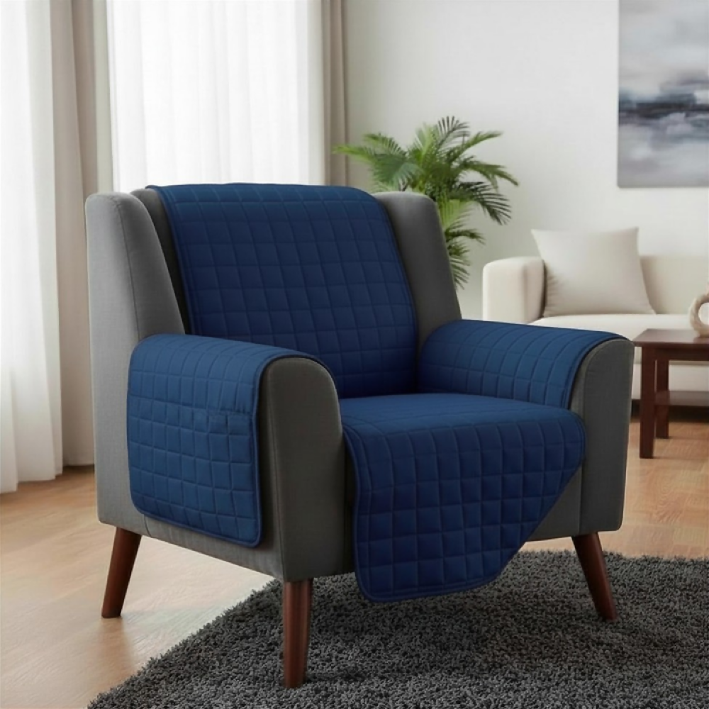 Protector de Sofá 1 Puesto Acolchado Doble Faz Unicolor Azul Oscuro y Gris