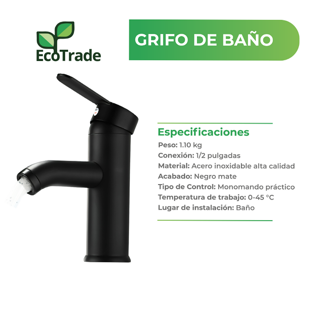Grifería Baño Acero Inoxidable Negro Mate Monomando Redondo