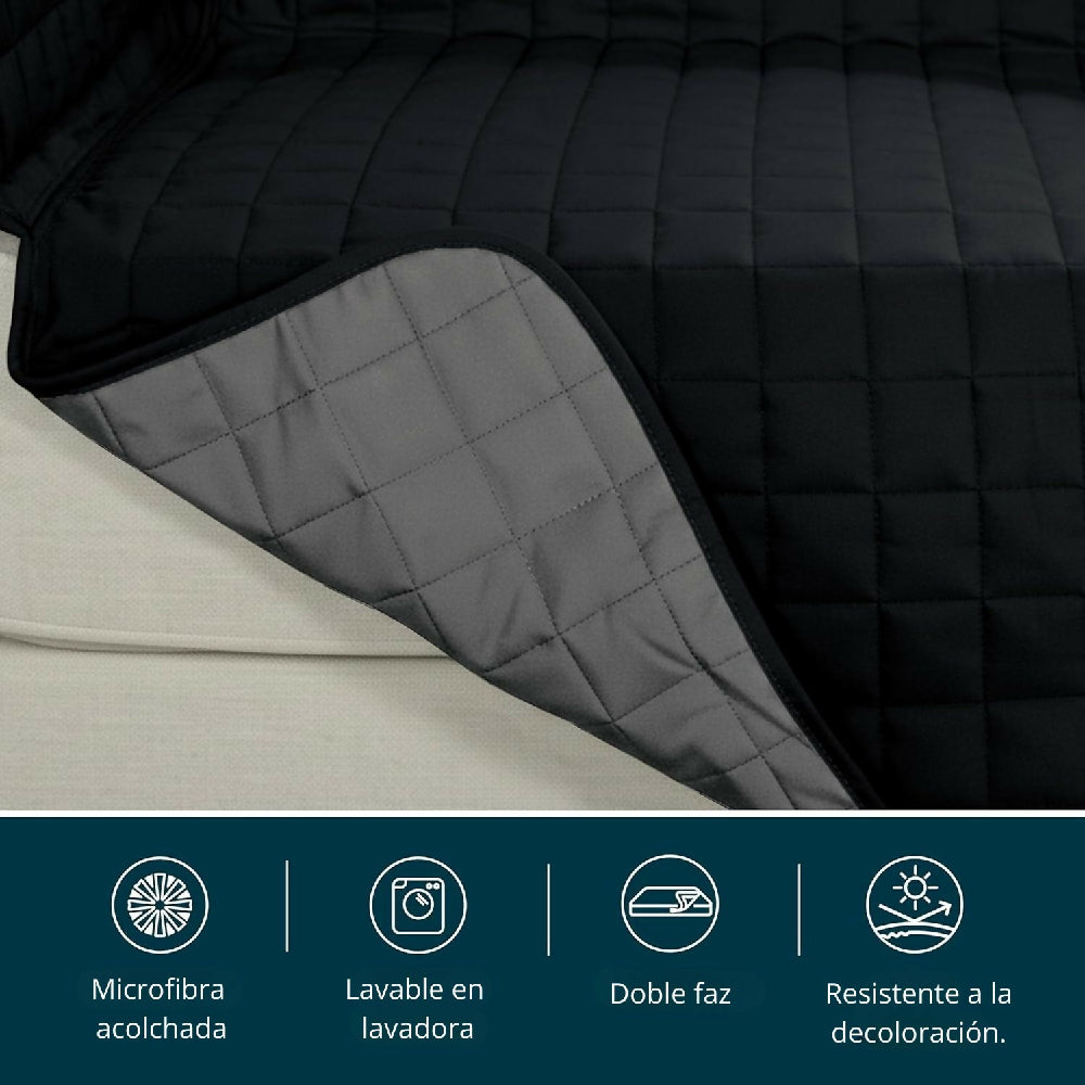 Protector de Sofá 2 Puestos Acolchado Doble Faz Unicolor Negro y Gris