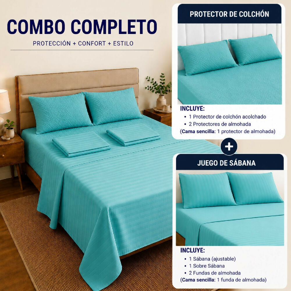 Combo protector colchon + Juego de sábanas sencilla turquesa