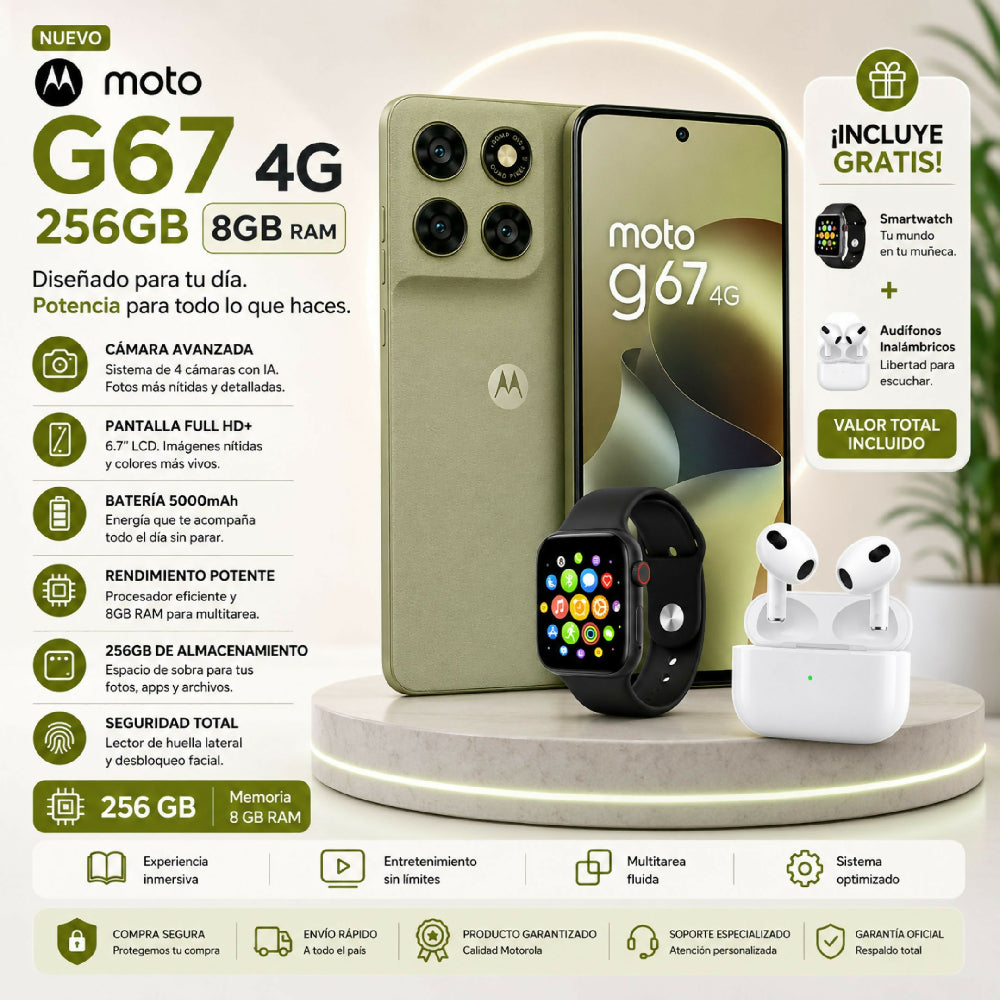 Smartphone Motorola G67 4G 256GB 8GB RAM Libre Verde + 2 Regalos Incluidos