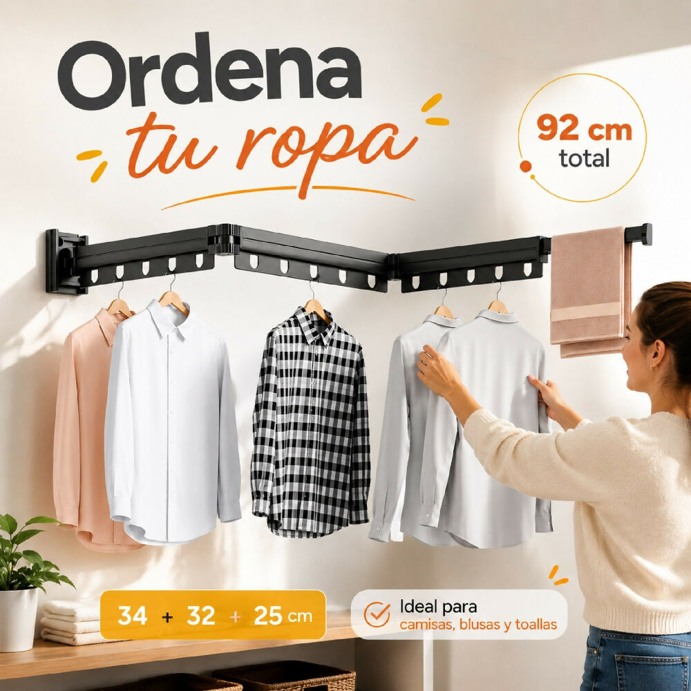 Tendedero Plegable De Pared En Aluminio 92 Cm Retractil Para Ropa