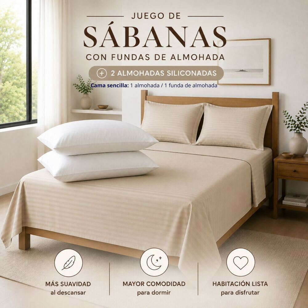Combo Juego de sábanas + 1 almohada siliconada sencillo beige