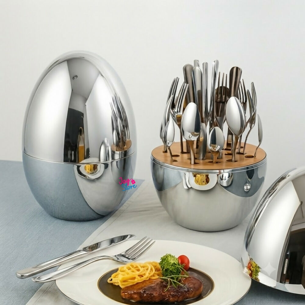 Cubiertos Set 24 Piezas Acero Inoxidable Estuche Huevo Gold
